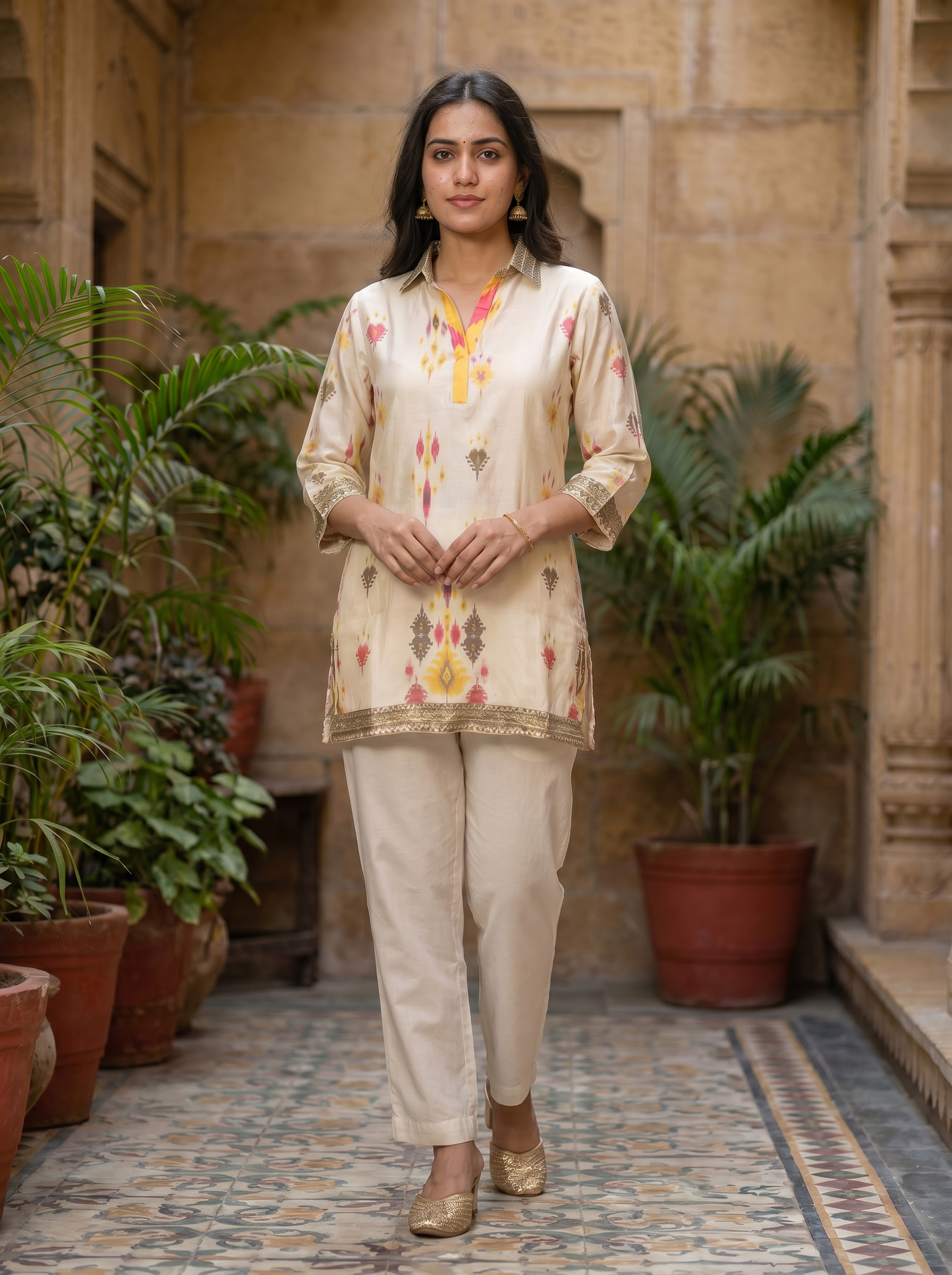 Cream Golden Maslen Silk Tunic Top   20009