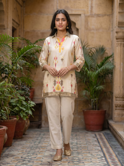 Cream Golden Maslen Silk Tunic Top   20009