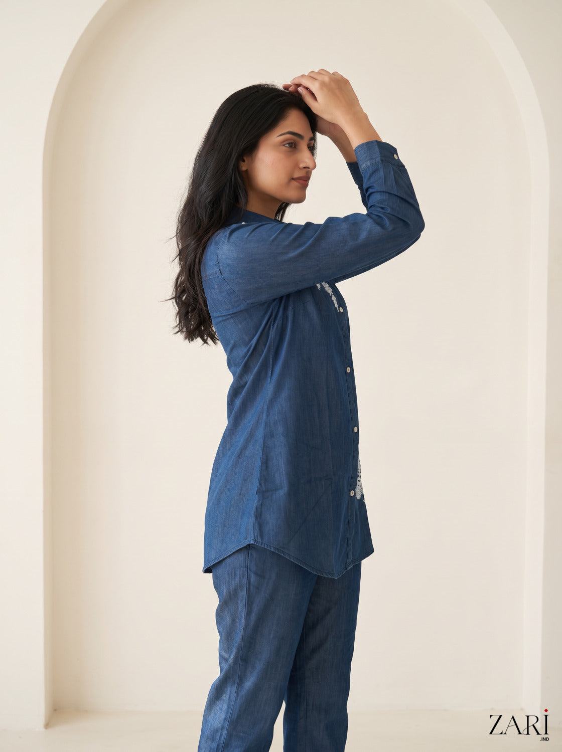 Indigo Denim Co-ord Set with White Floral Embroidery