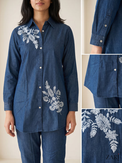 Indigo Denim Co-ord Set with White Floral Embroidery