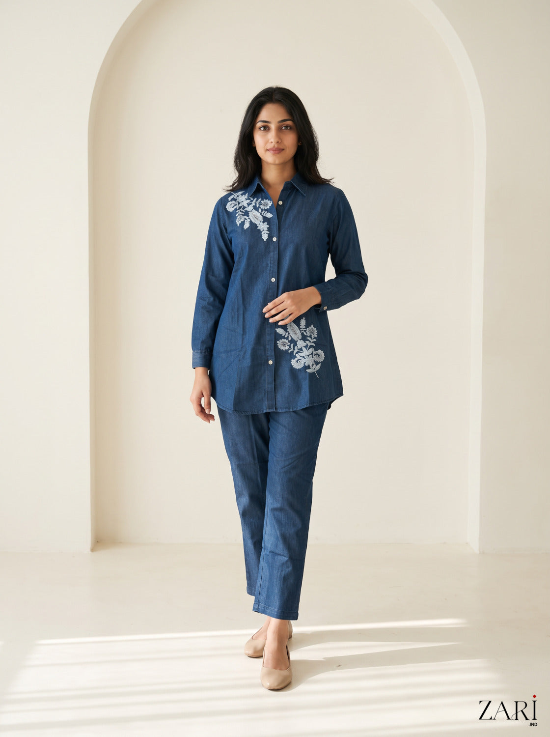 Indigo Denim Co-ord Set with White Floral Embroidery
