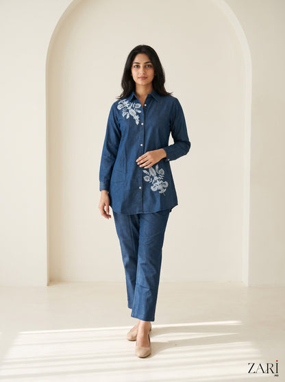 Indigo Denim Co-ord Set with White Floral Embroidery