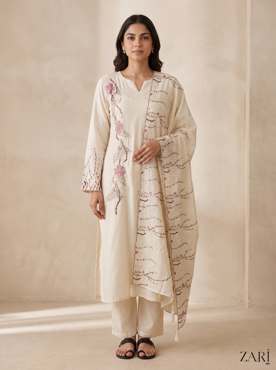 Ivory Floral Embroidered Kurta Set 