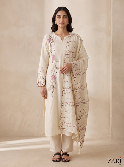 Ivory Floral Embroidered Kurta Set 