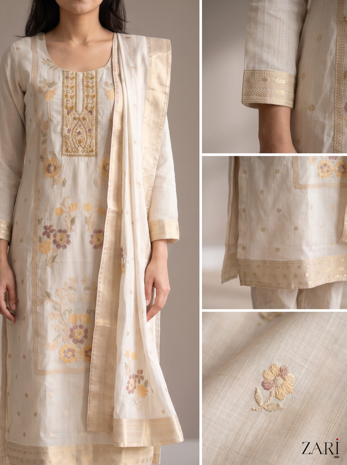 Ivory Gold Zari Kurta Set with Dupatta