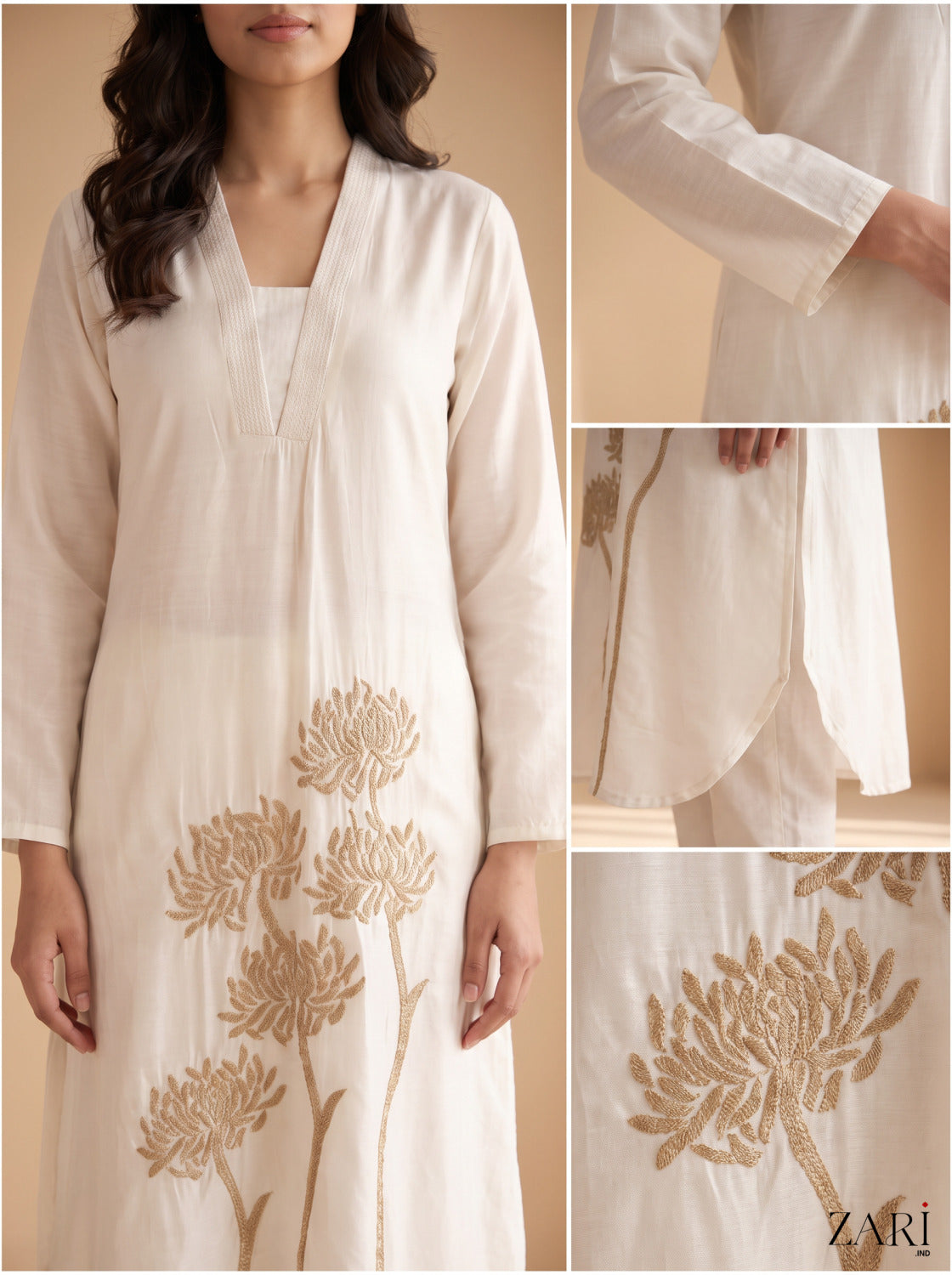 Ivory kurta with golden floral embroidery