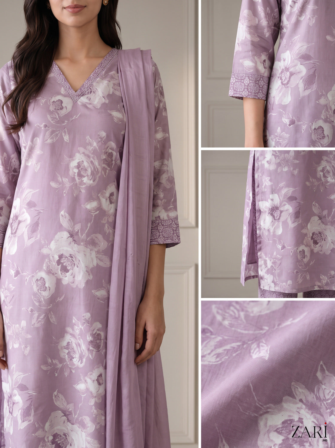 Lavender Floral Print Kurta Set with Dupatta