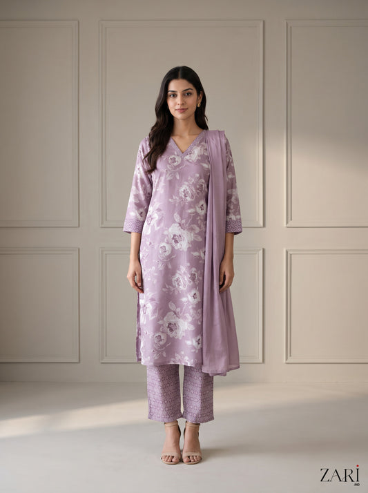 Lavender Floral Print Kurta Set with Dupatta