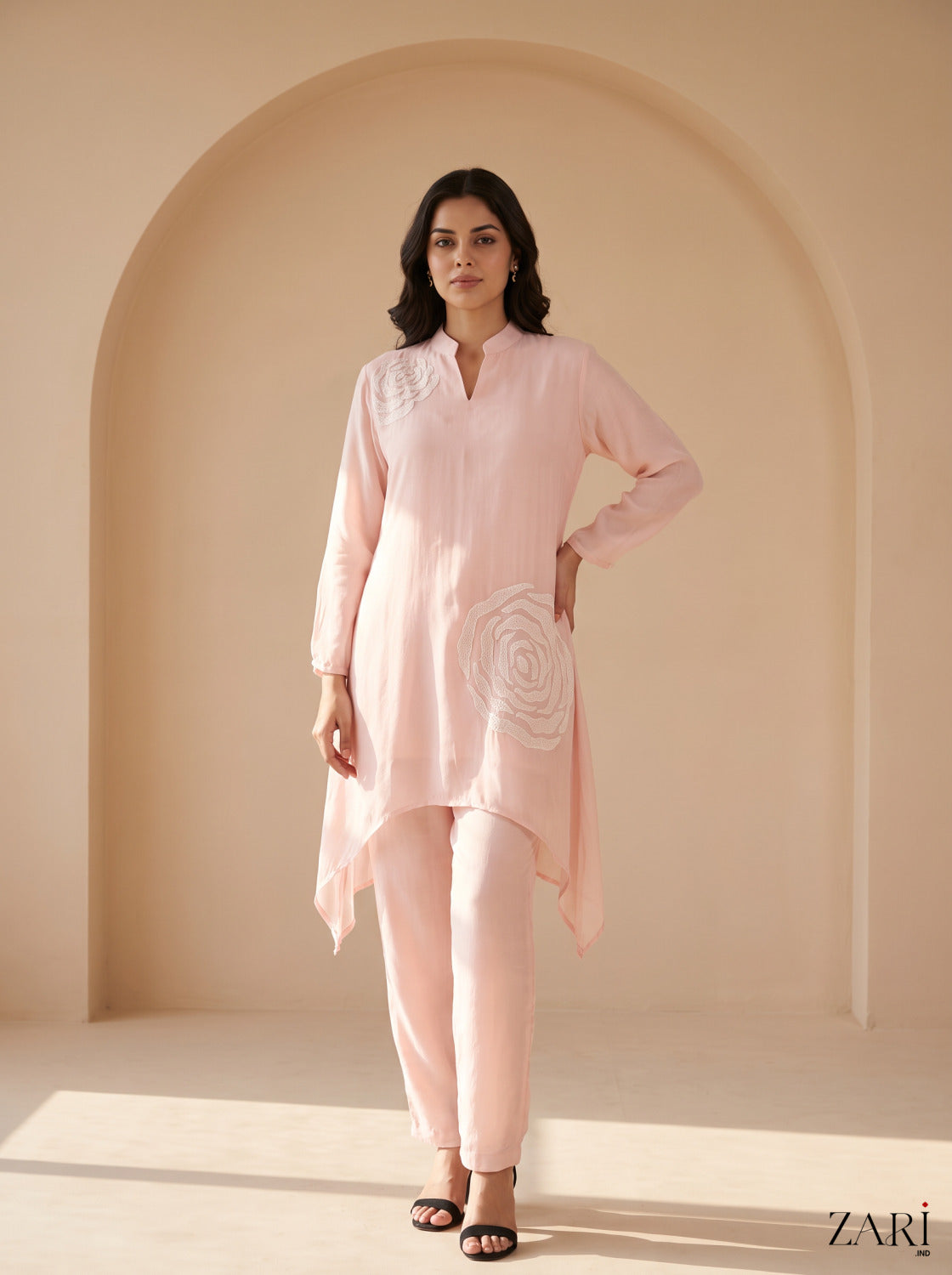  Light pink rose-embroidered co-ord set