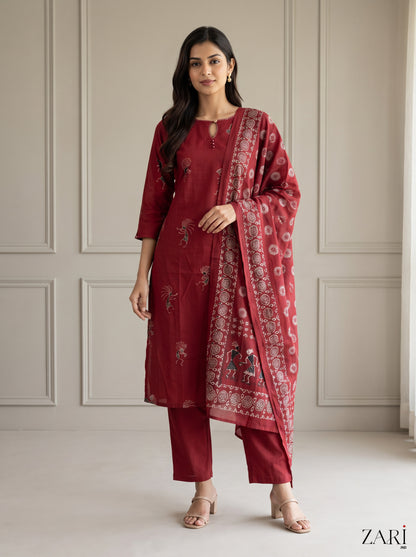 Maroon Warli Print Kurta Set with Dupatta