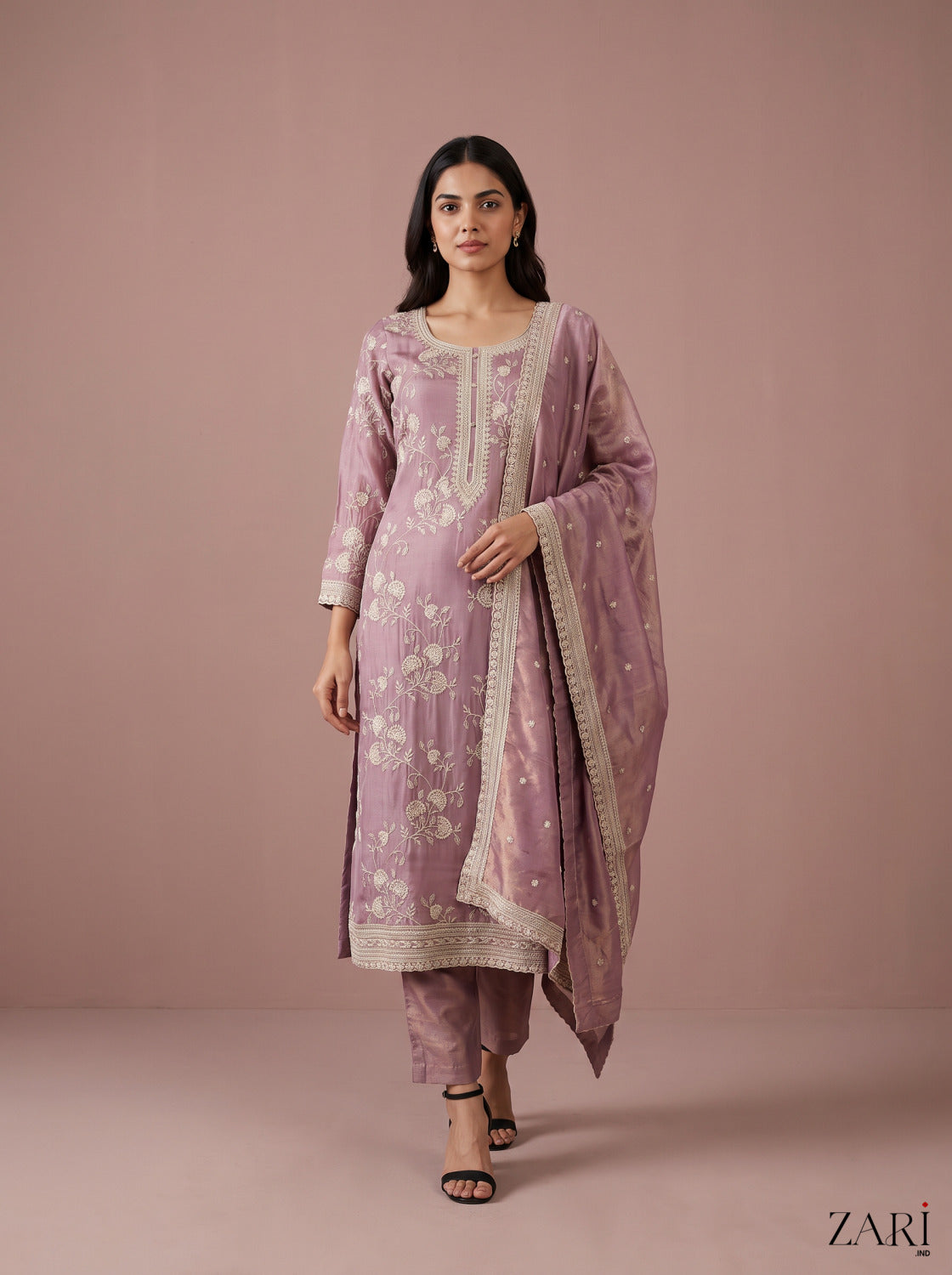Mauve Chikankari-Style Kurta Set with Tissue Dupatta