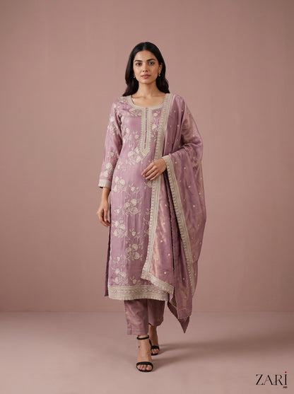 Mauve Chikankari-Style Kurta Set with Tissue Dupatta