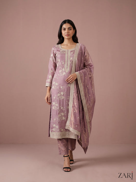 Mauve Chikankari-Style Kurta Set with Tissue Dupatta