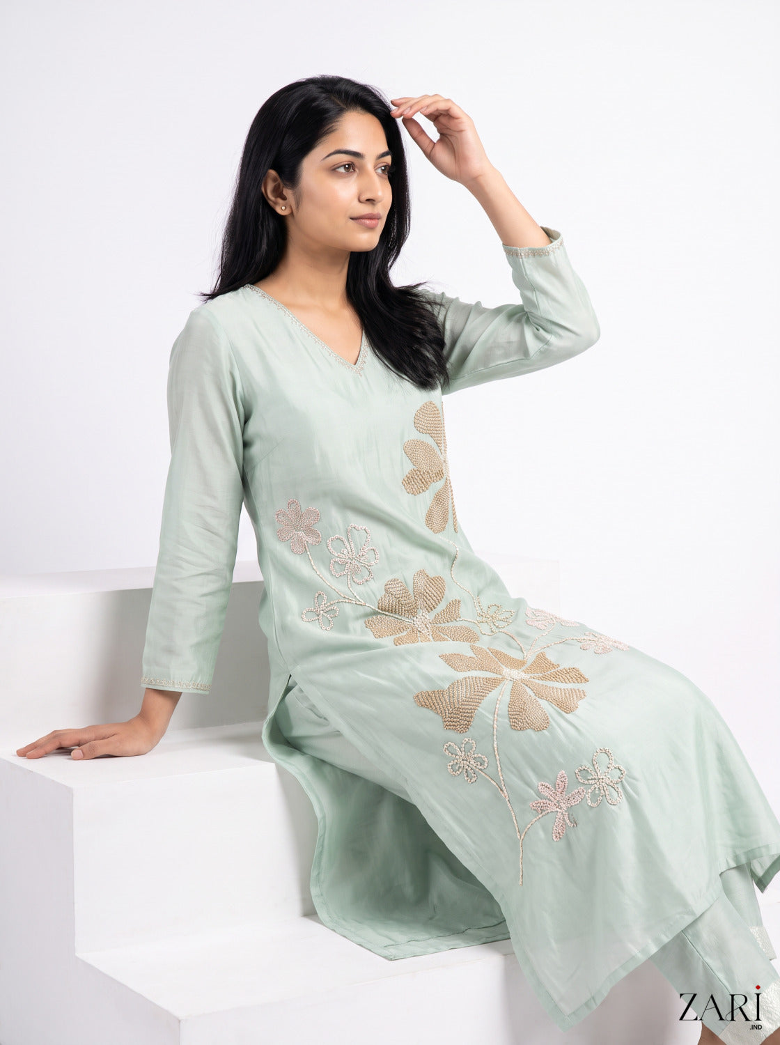 Mint Green Floral Embroidered Kurta Pant Set