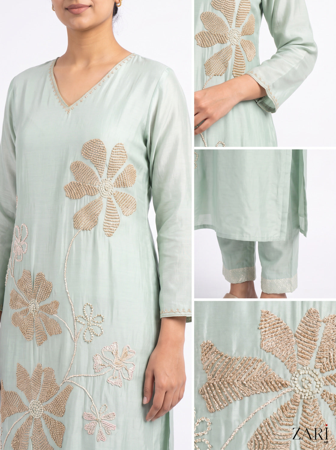 Mint Green Floral Embroidered Kurta Pant Set