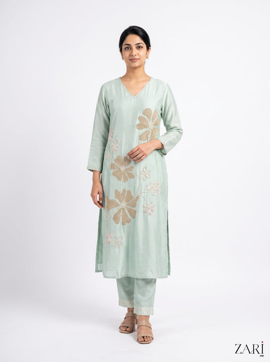 Mint Green Floral Embroidered Kurta Pant Set