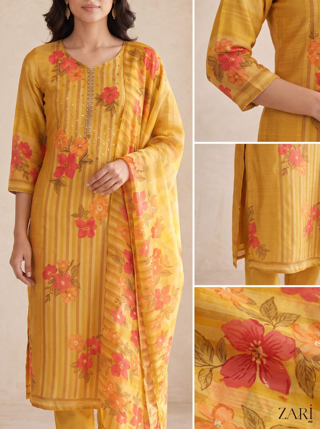 Mustard Floral Print Kurta Set with Dupatta