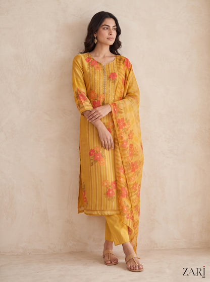 Mustard Floral Print Kurta Set with Dupatta