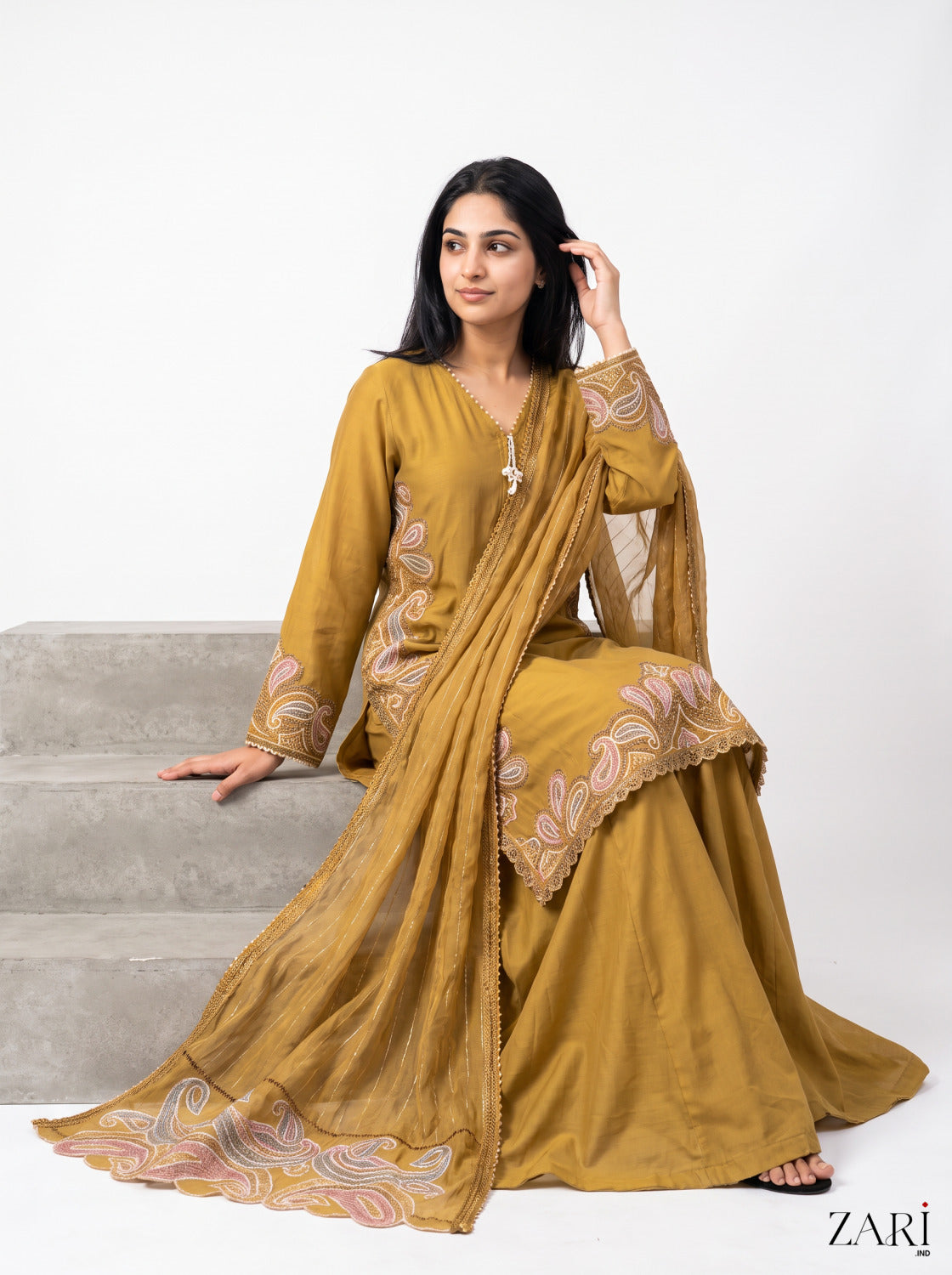 Mustard Paisley Embroidered Kurta Set with Dupatta