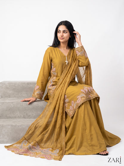 Mustard Paisley Embroidered Kurta Set with Dupatta
