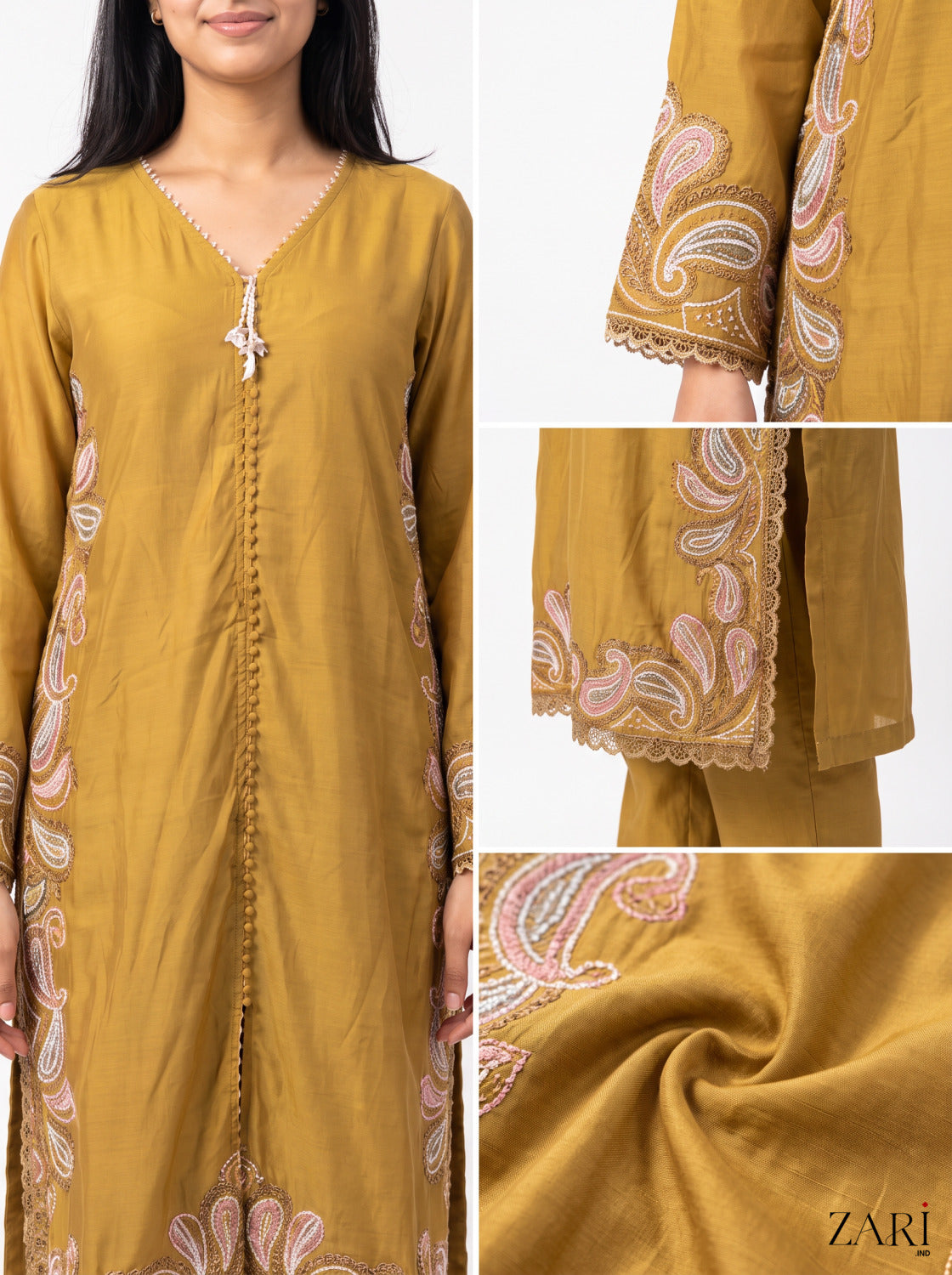Mustard Paisley Embroidered Kurta Set with Dupatta