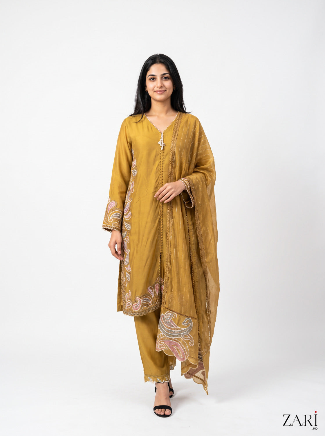Mustard Paisley Embroidered Kurta Set with Dupatta