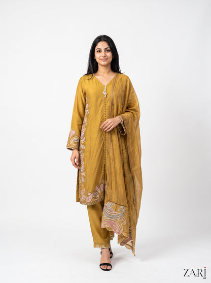 Mustard Paisley Embroidered Kurta Set with Dupatta