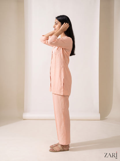 Peach Linen-Blend Co-ord Set with White Floral Embroidery