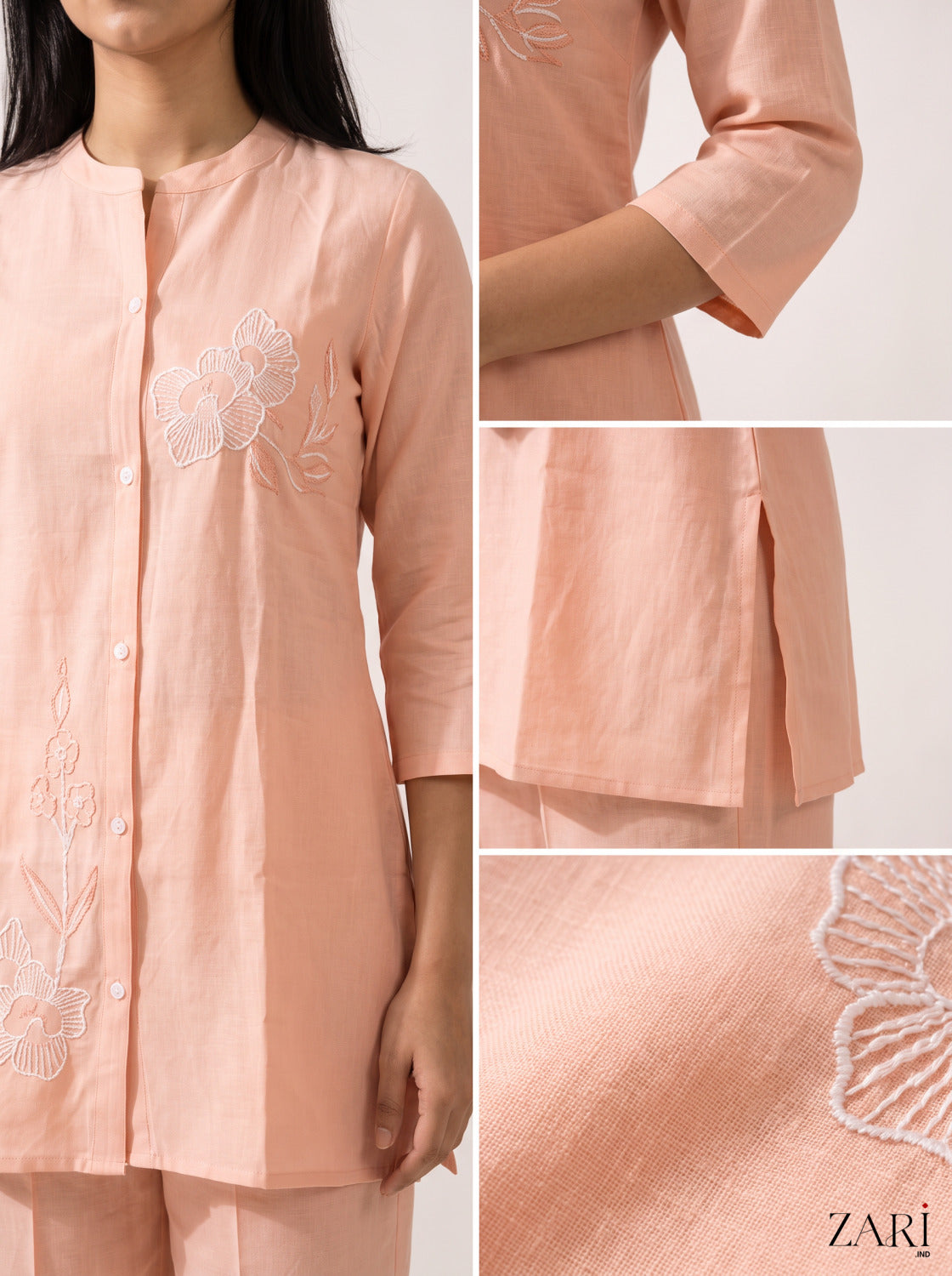 Peach Linen-Blend Co-ord Set with White Floral Embroidery