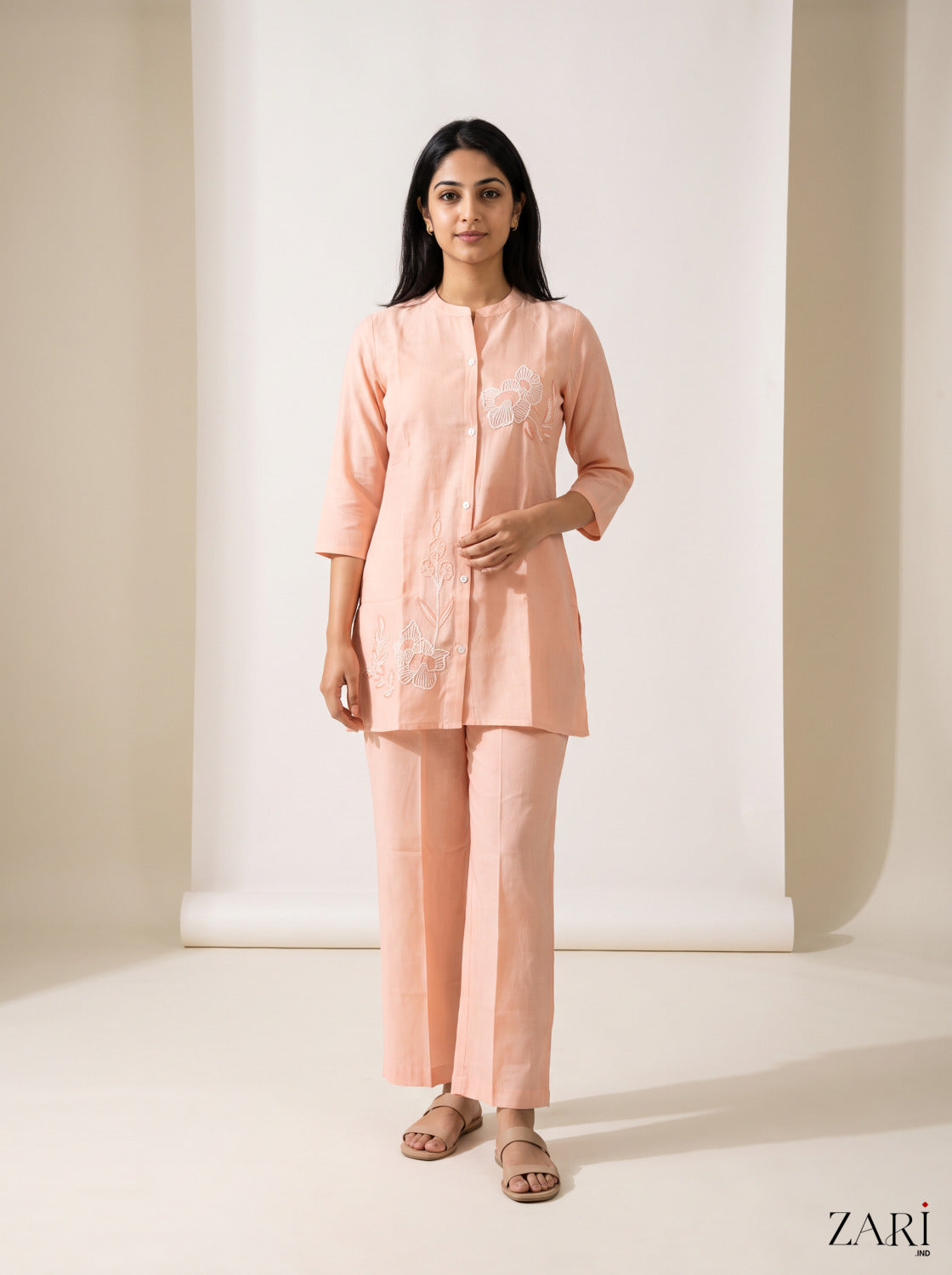 Peach Linen-Blend Co-ord Set with White Floral Embroidery