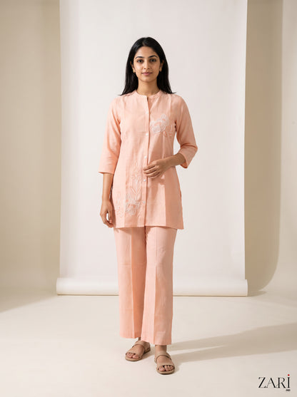 Peach Linen-Blend Co-ord Set with White Floral Embroidery