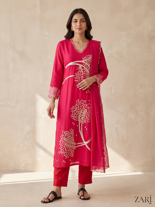 Pink Gota Patti Tree Kurta Set
