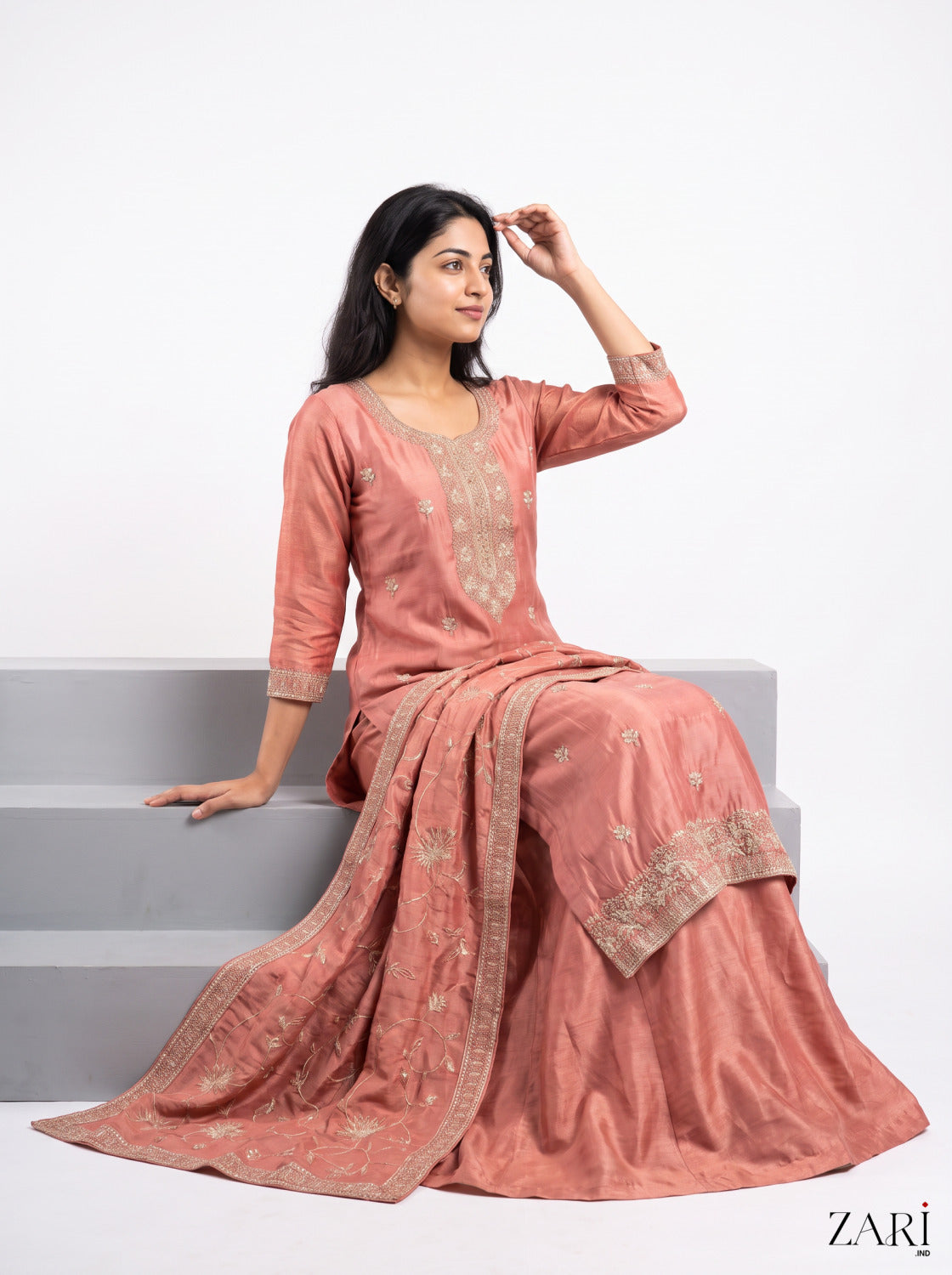 Rose Peach Zari Kurta Set with Dupatta
