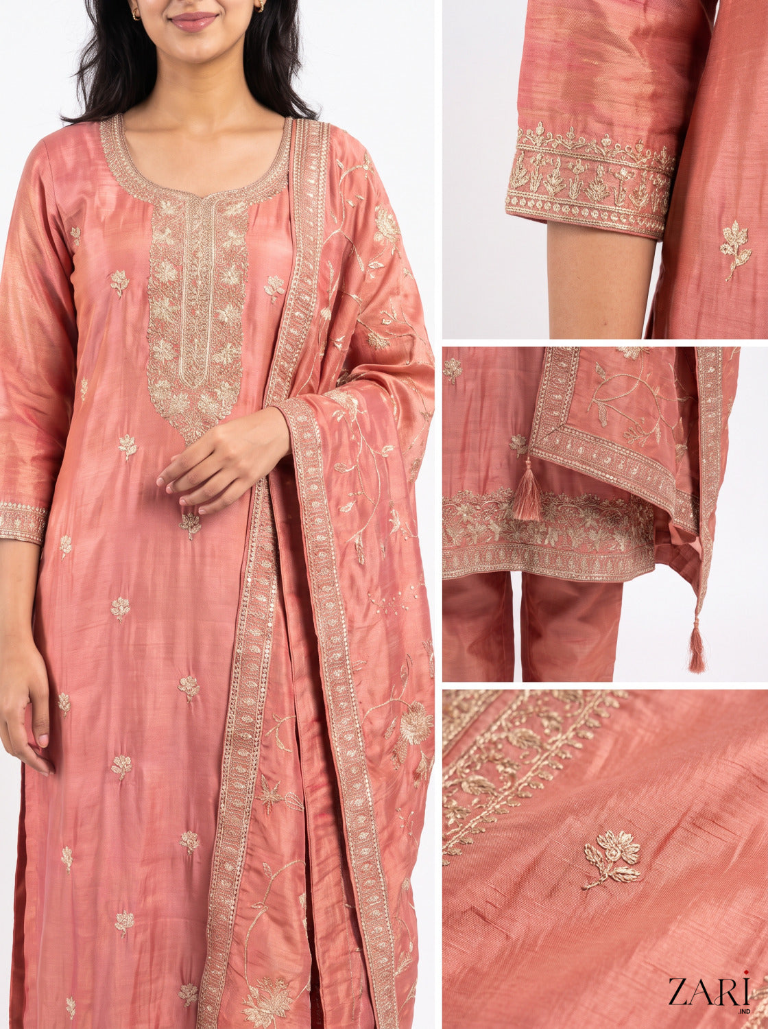 Rose Peach Zari Kurta Set with Dupatta
