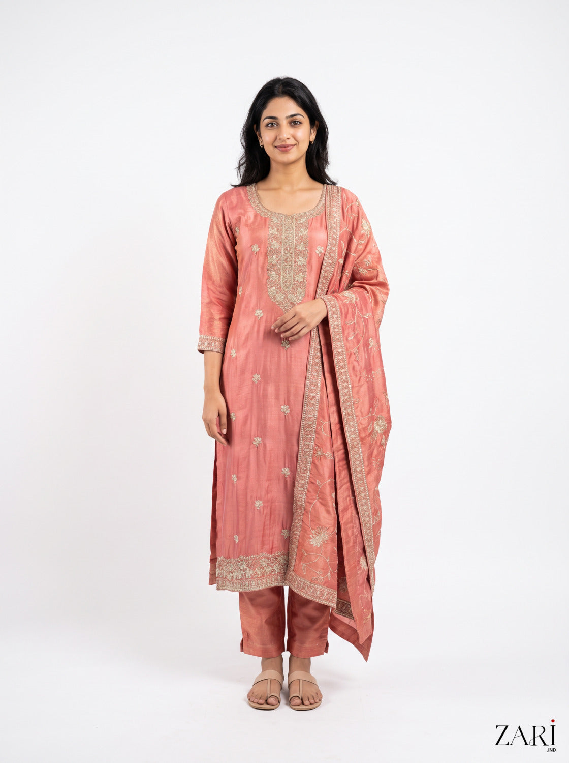 Rose Peach Zari Kurta Set with Dupatta