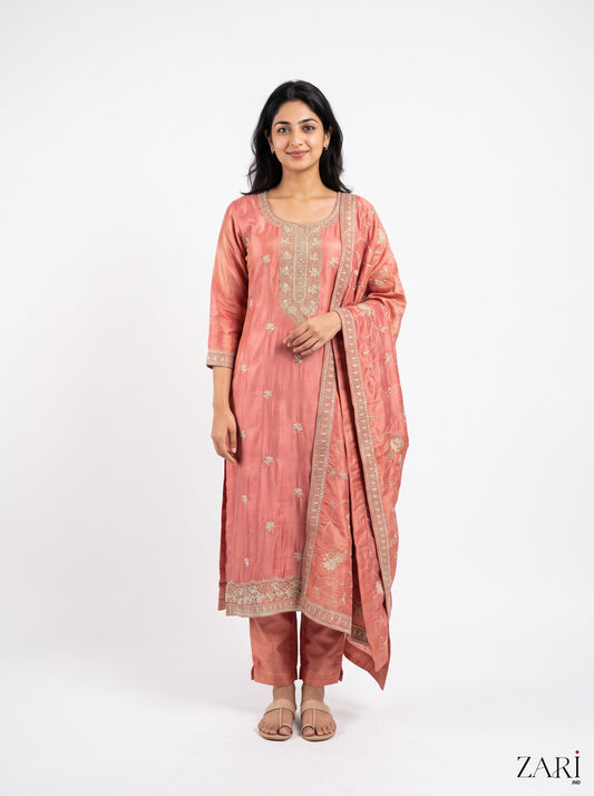 Rose Peach Zari Kurta Set with Dupatta