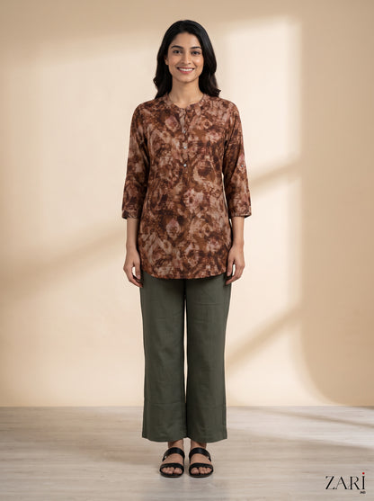 Rust Brown Abstract Print Cotton Tunic with Olive Green Pants