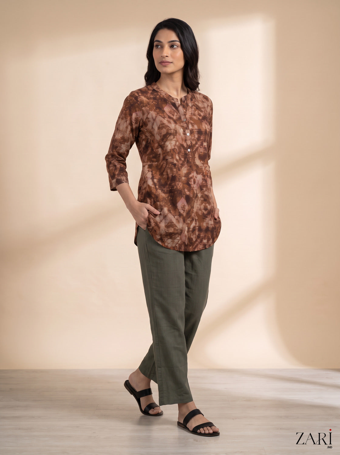 Rust Brown Abstract Print Cotton Tunic with Olive Green Pants
