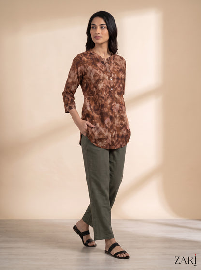 Rust Brown Abstract Print Cotton Tunic with Olive Green Pants