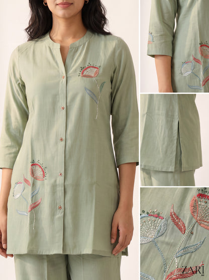 Sage Green Co-ord Set with Leaf Embroidery