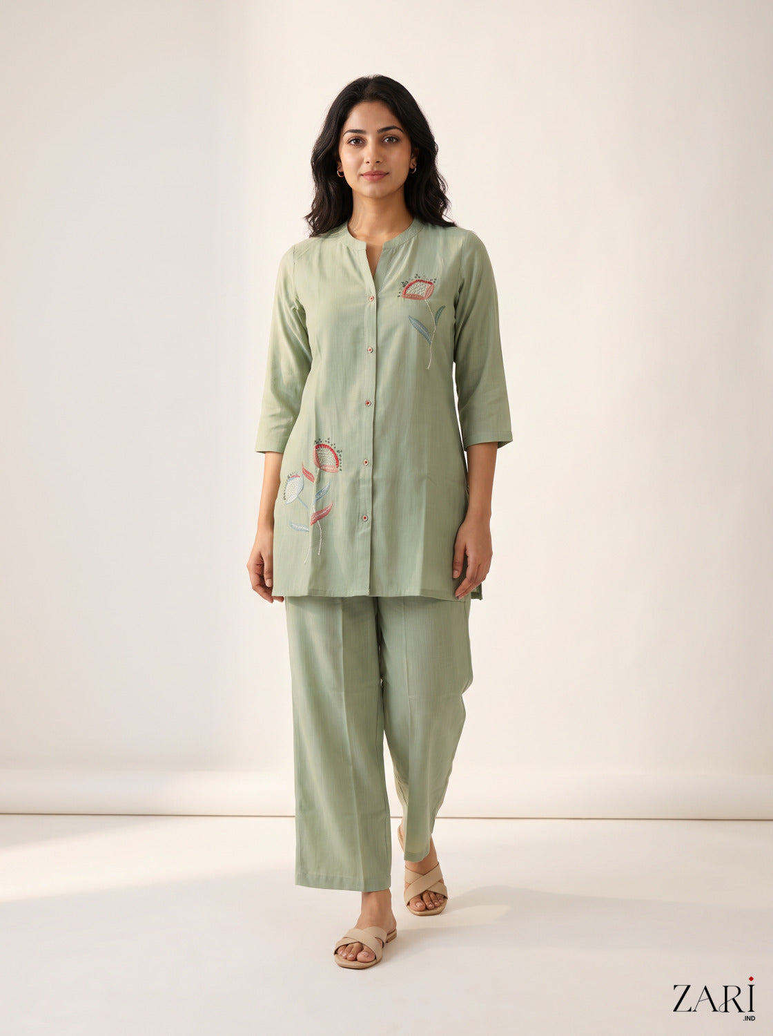 Sage Green Co-ord Set with Leaf Embroidery