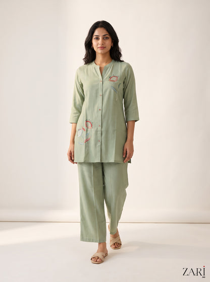 Sage Green Co-ord Set with Leaf Embroidery