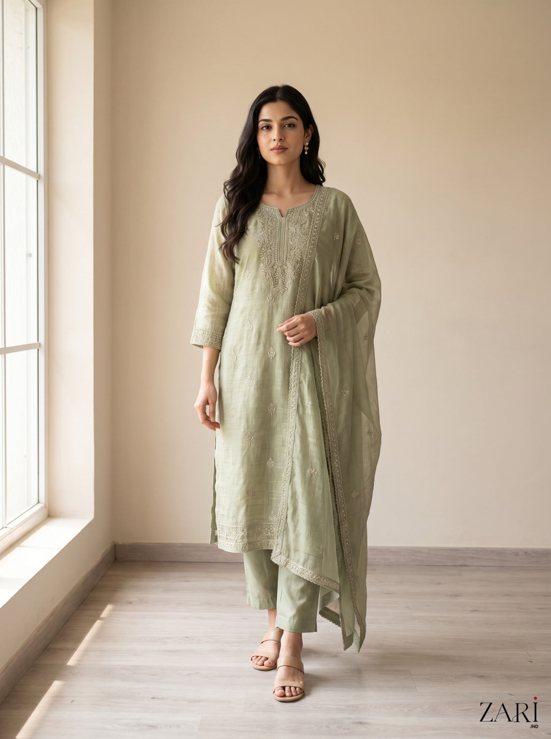 Sage green kurta set with dupatta