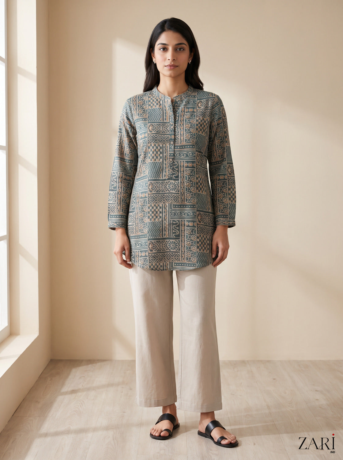 Slate Blue Geometric Block Print Short Kurti with Straight Pants