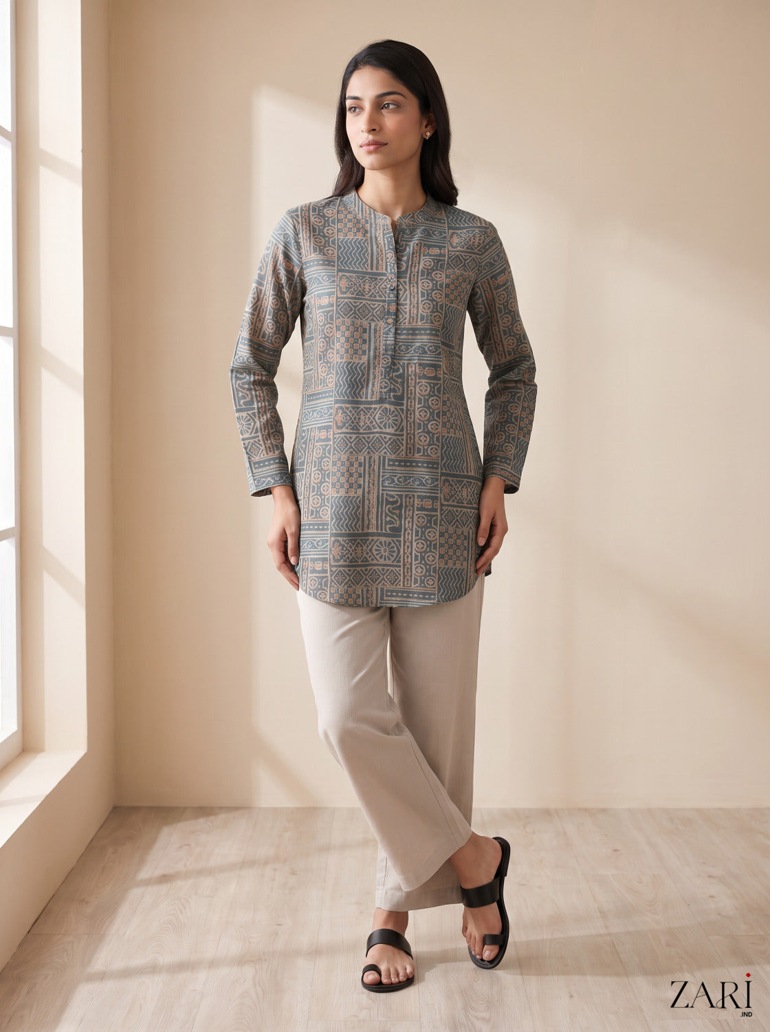 Slate Blue Geometric Block Print Short Kurti with Straight Pants