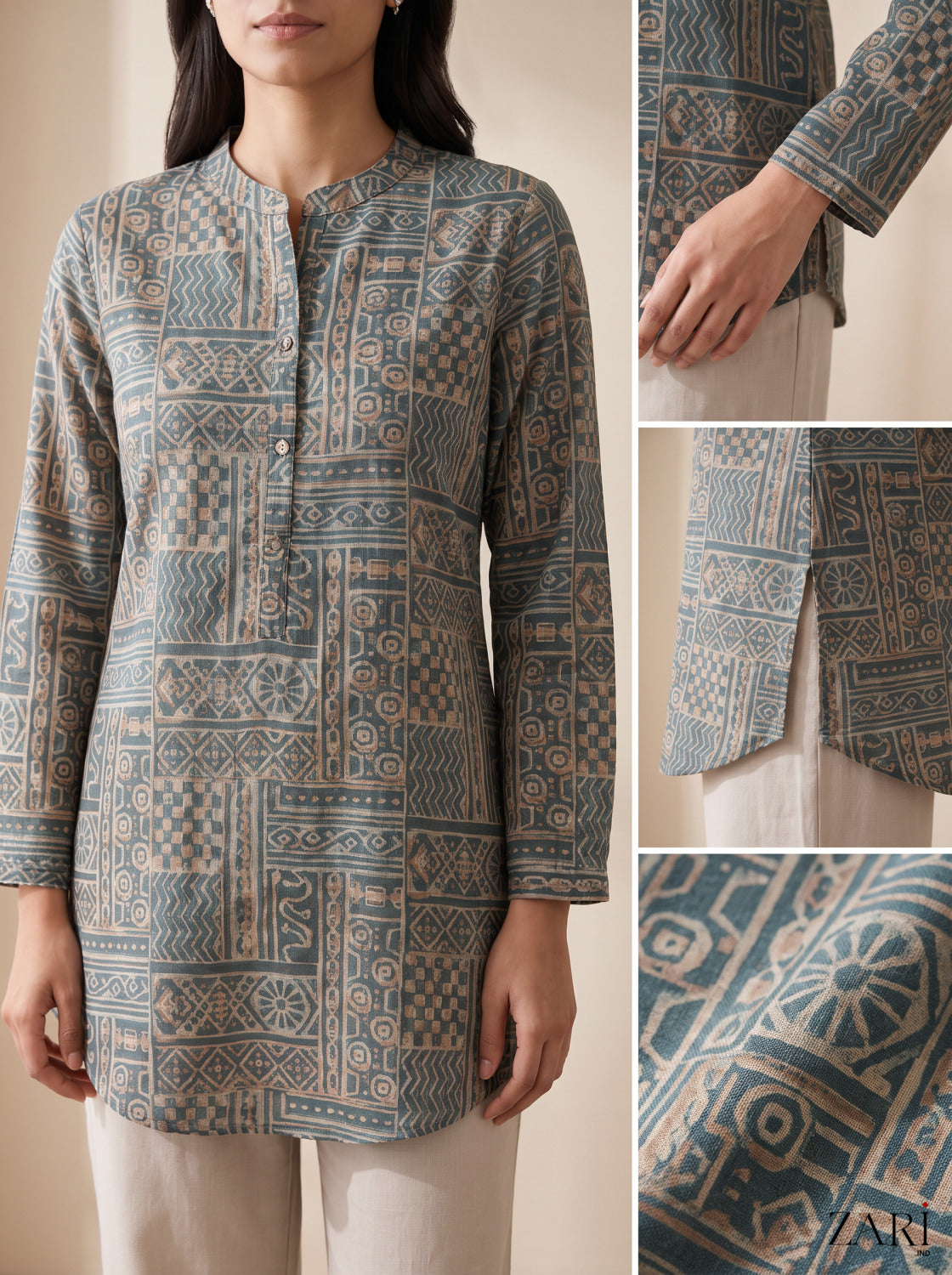 Slate Blue Geometric Block Print Short Kurti with Straight Pants