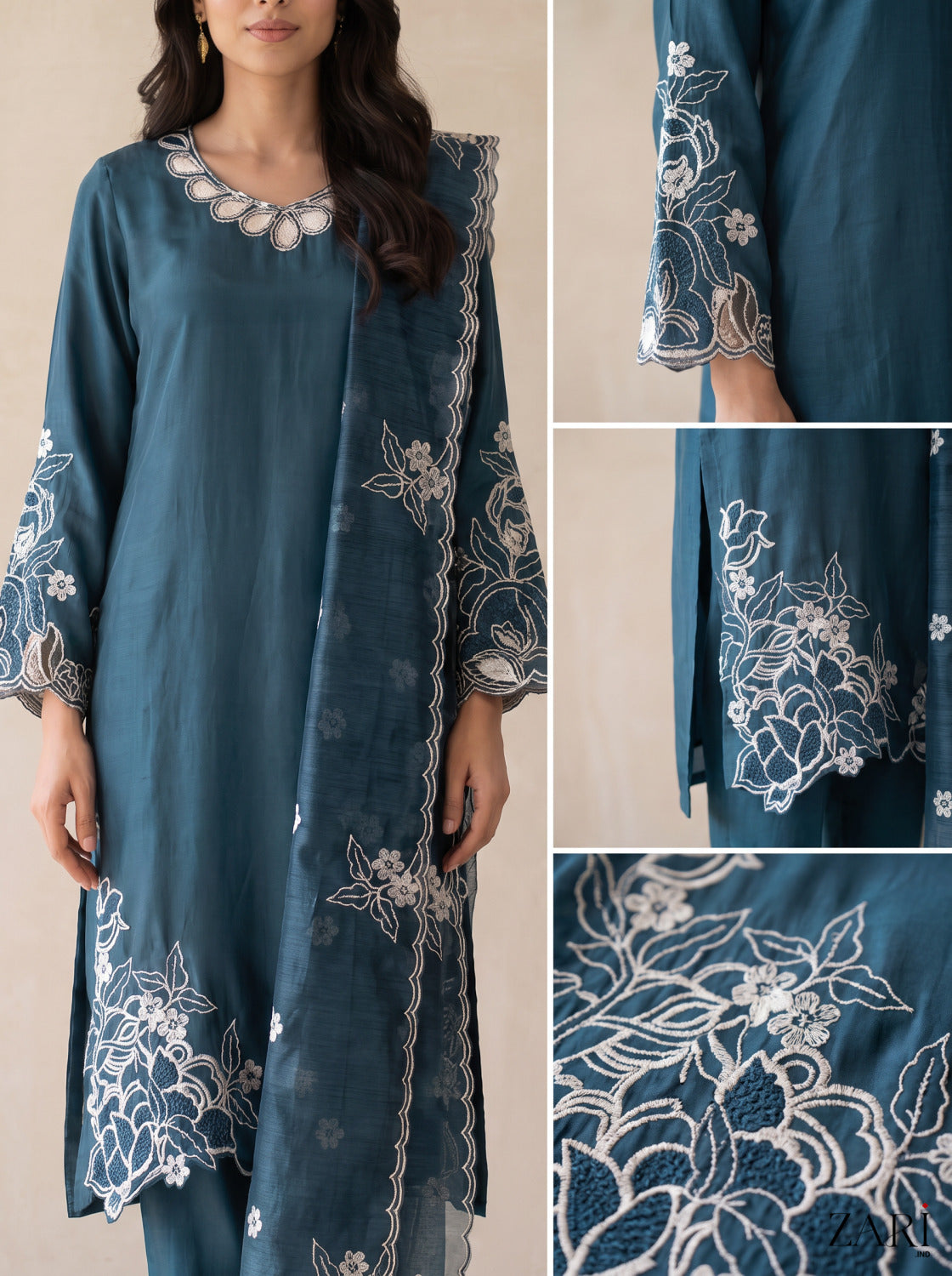 Teal Blue Cutwork Kurta Set with Dupatta
