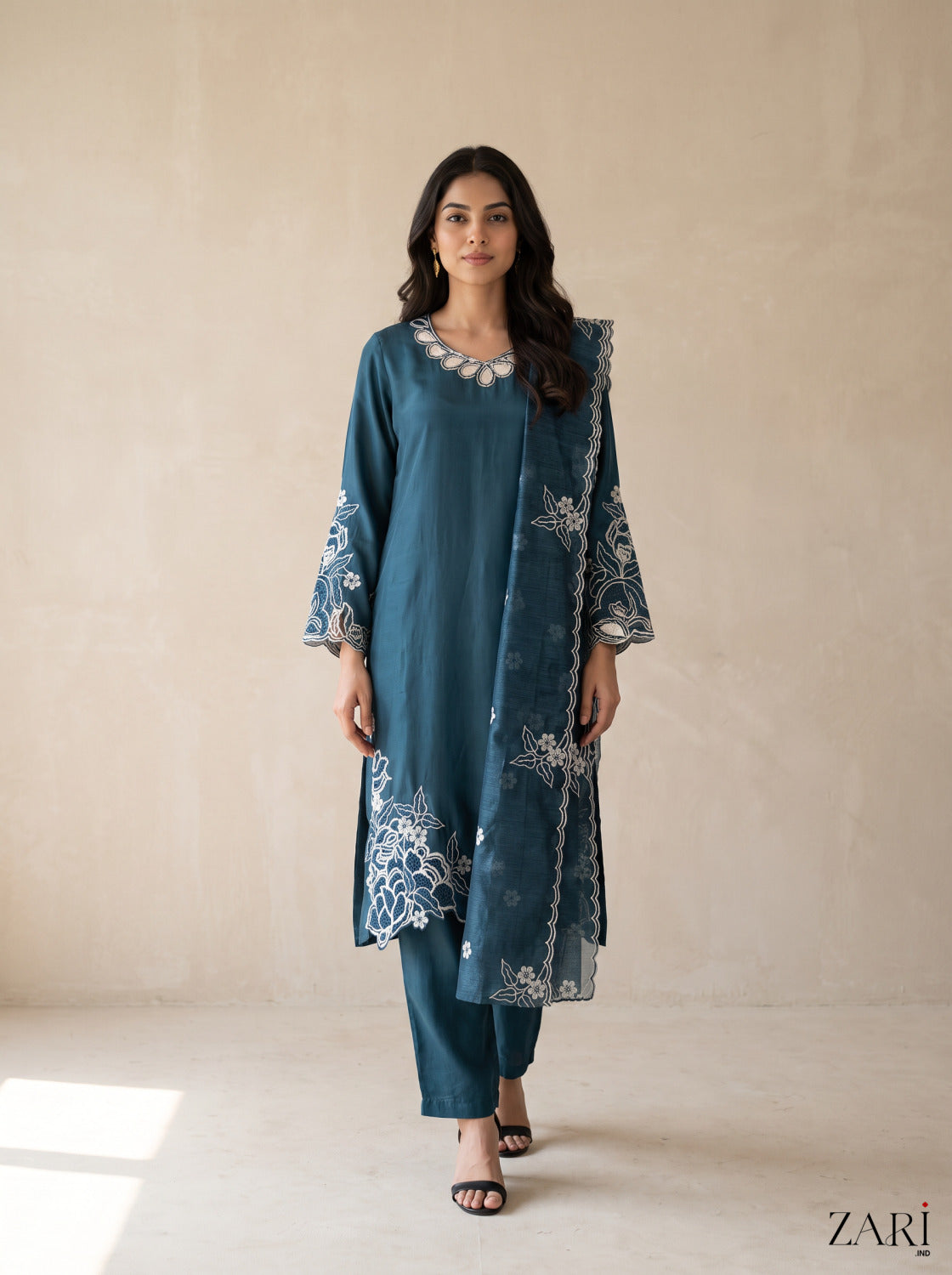 Teal Blue Cutwork Kurta Set with Dupatta