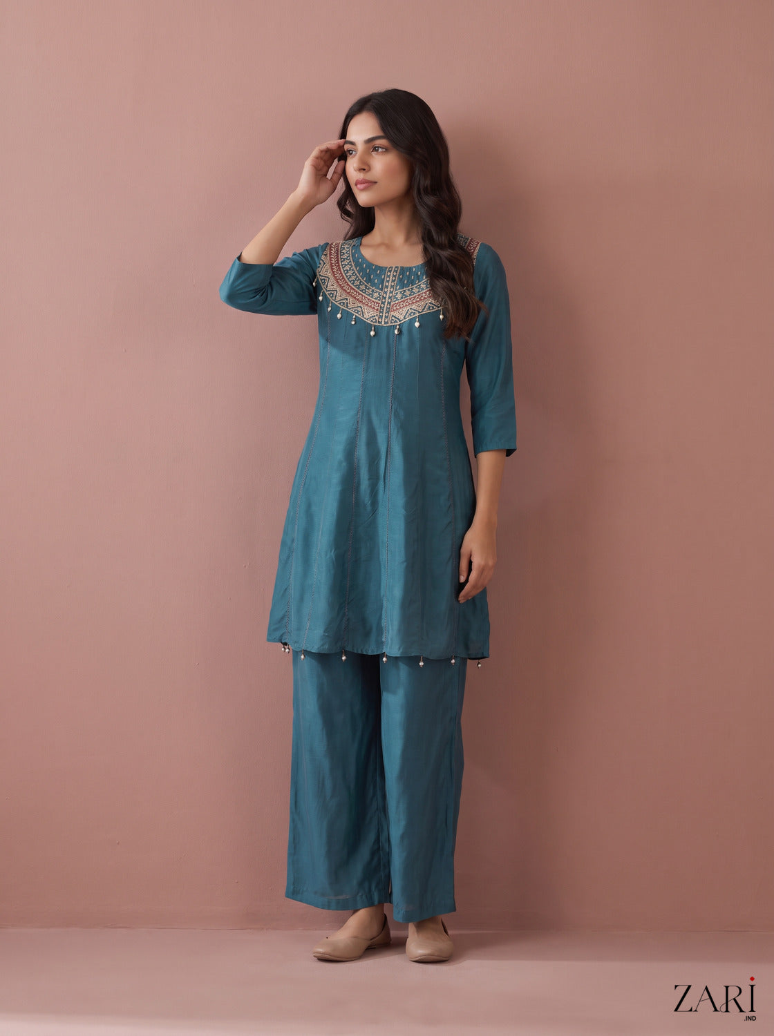 Teal Kurta Palazzo Set with Embroidered Yoke
