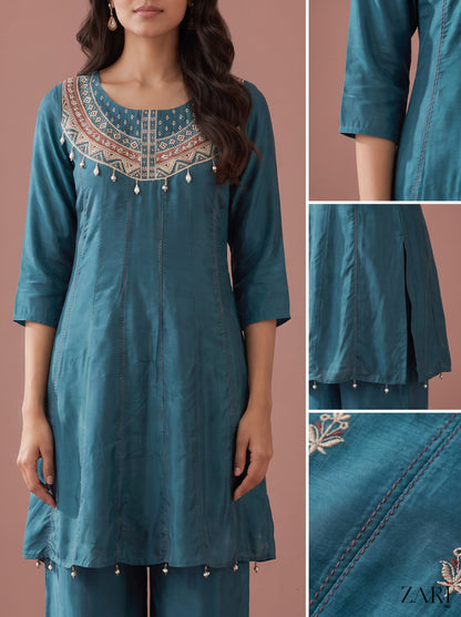 Teal Kurta Palazzo Set with Embroidered Yoke